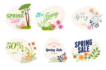 Spring sale labels collection. Vector illustrations of beauty, fashion, cosmetics, for graphic and web design, marketing material, product promotion, social media and online shopping.