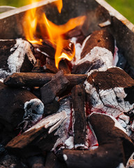 Close-up of grill. Charcoal with fire. Preparation for cooking mixed grill dishes.