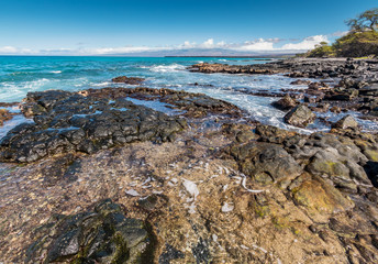 Lava Covered Shoreline Of Kihola State Park Reserve With The Kohala Mountains In The Distance, Hawaii, Hawai,USA