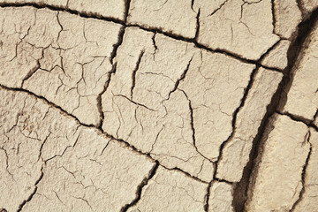 Cracks in the earth in rural areas. Ground texture background. Dry soil abstract photo. Mosaic pattern