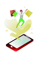 Women with shopping bags jumping out of a red 3D phone. online shopping. black Friday . sales