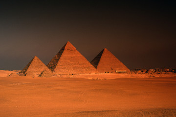 Egypt, Giza, the pyramids at sunset