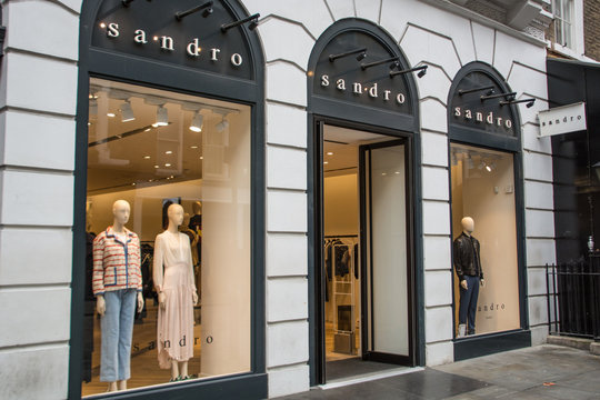 LONDON- MARCH, 2019: Exterior of Sandro fashion shop in Covent Garden, a French designer fashion brand