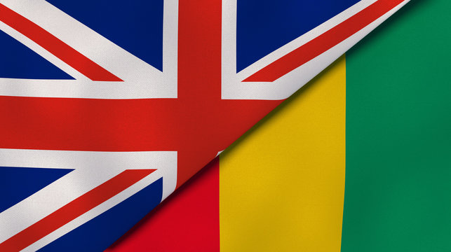 The flags of United Kingdom and Guinea. News, reportage, business background. 3d illustration
