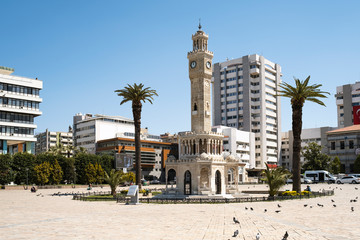 Clock tower of Izmir Turkey. Empty streets because of Coronavirus pandemi. People of is izmir is...