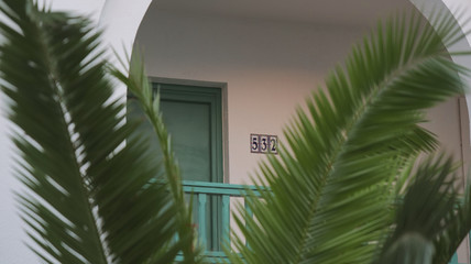 Fototapeta na wymiar Chambre d'hôtel à travers les palmiers