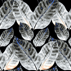 Modern abstract seamless pattern with watercolor tropical leaves for textile design. Retro bright summer background. Jungle foliage illustration. Swimwear botanical design. Vintage exotic print. © Natallia Novik