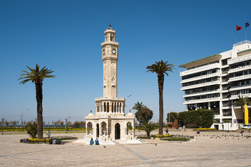 Fototapeta premium Clock tower of Izmir Turkey. Empty streets because of Coronavirus pandemi. People of is izmir is staying home.