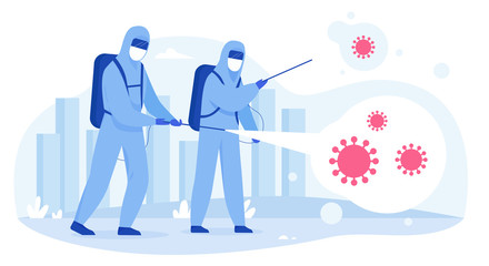 Scientists in hazmat suits sanitizing, cleaning and disinfecting city streets from Covid-19 corona virus. Epidemic coronavirus pandemia concept flat vector illustration.