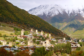 Stunning Panoramic Aerial View of Mestia Town with the Historic Svan Tower-houses in Svaneti Region of Georgia