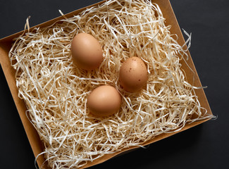 Organic chicken eggs on a dark background.