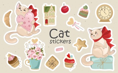 A Set of Cat stickers and icons. Vector illustrations. Printing on fabric, paper, cards, invitations.

