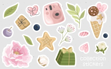 Romantic stickers with flowers, branches and cute elements. Printing on paper, fabric,
 and tableware. Vector illustration.