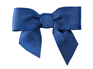A decorative blue bow of ribbon isolated on a white background