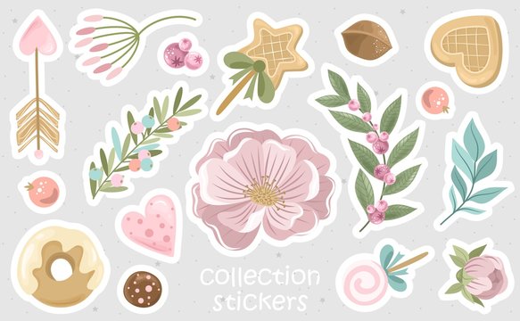 Romantic stickers with flowers, branches and cute elements. Printing on paper, fabric,
 and tableware. Vector illustration.