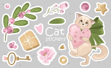 A Set of Cat stickers and icons. Vector illustrations. Printing on fabric, paper, cards, invitations.