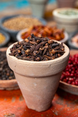 Fototapeta na wymiar Indian spices collection, dried aromatic cloves flower buds and another spices in clay bowls