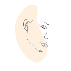 Trendy abstract one line woman portrait with pastel shapes. Woman face one line drawing on pastel pink brush strokes. Design element for logo, make up card, fashion apparel print.