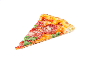 slice of pizza with salami and cheese board on a white background  for a restaurant menu1