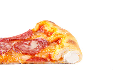 slice of pizza with salami and cheese board on a white background  for a restaurant menu