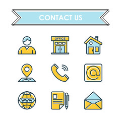 Contact us icon set, multi color outline design, such us icon of home, office, email, web, phone and other