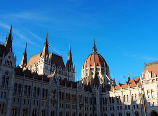 Fototapeta na wymiar View of the Hungarian Parliament Building (Orszaghaz) in Budapest, Hungary. It is the seat of the National Assembly of Hungary and a popular tourist destination in Budapest.