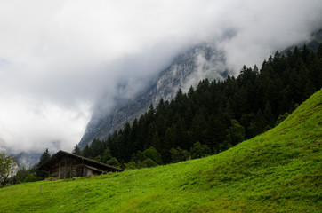 Mountain landscape, snowy mountain peaks.
Mountain, coniferous forests surrounded by mountains.
Summer alpine village. Alps mountain range.
Village in the mountains in the summer.