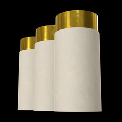 Kraft paper cardboard tube package with gold part mock up. 3d render on black background.