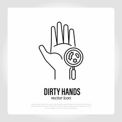 Dirty hands: hand bacterias under magnifier. Heathcare and medical vector illustration.