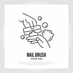 Washing hands by nail brush with soap bubbles. Thin line icon. Hygiene for prevention COVID-19. Healthcare and medical vector illustration.