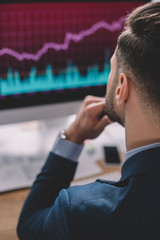 Back view of information security analyst looking at charts on computer monitor