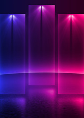 Background empty show scene. Ultraviolet dark abstract background. Geometric neon shapes, neon glow, blue and pink lighting