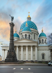 The Trinity Izmailovo Cathedral (Troitsky sobor; Troitse-Izmailovsky sobor), sometimes called the Troitsky Cathedral, in Saint Petersburg, Russia at sunset.