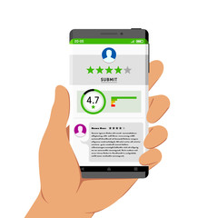 Hand Holding Smartphone with App Feedback and Rating Interface on Its Screen, Flat Design Style Illustration