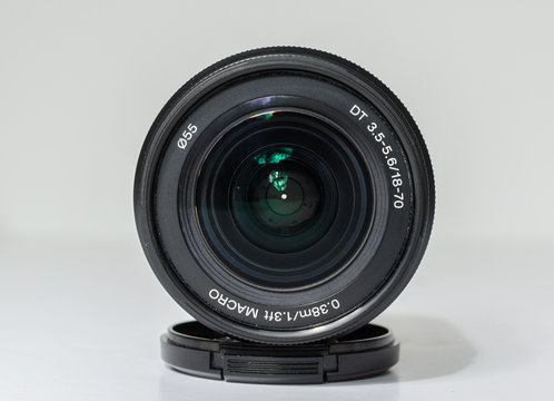 london, england, 05/05/2019 A sony alpha fit mirrorless digital lens. sony 18mm - 70mm kit zoom lens for the A series professional cameras. Wide and telephoto lenses for pro photography