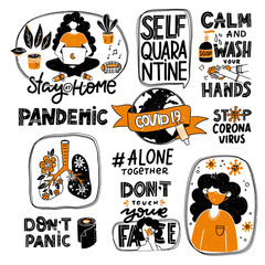CoronaVirus Covid-19 letterings and illustrations. Quarantine quotes and stickers