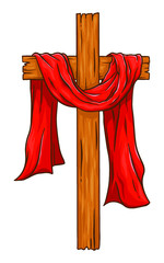 Christian Wooden Cross With Red Cloth - 338475026