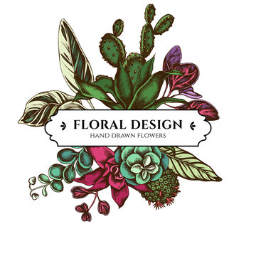 Floral bouquet design with colored ficus, iresine, kalanchoe, calathea, guzmania, cactus