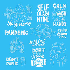 CoronaVirus Covid-19 letterings and illustrations. Quarantine quotes and stickers