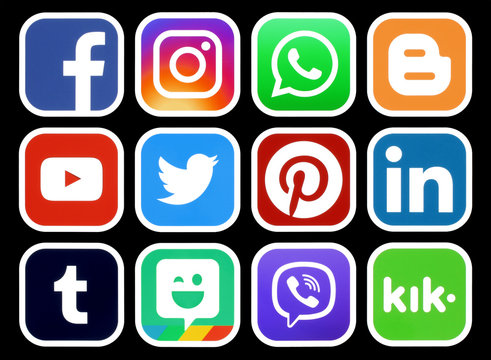Popular social media icons with white rim on black background