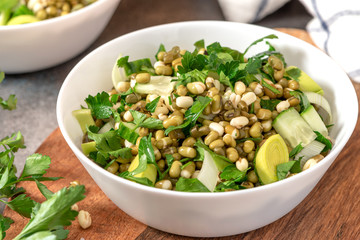Salad with mung bean, parsley and cucumber in a white bowl on the table. Healthy vegetarian salad.
