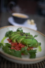 balanced diet, cooking, culinary and food concept - close up of vegetables, fruits and meat on wooden table