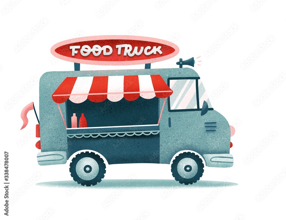 Wall mural opened street food truck with awning, striped tent. flat illustration isolated on white background. 