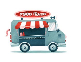 Opened street food truck with Awning, striped tent. Flat illustration isolated on white background. Lettering signboard. Textured flat hand drawn illustration. © LanaSham