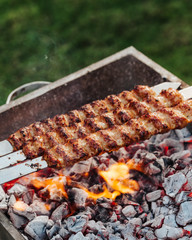 Cooking kebab meat with skewers on grill. Real process. Variety of meat. Chicken, lamb, beef. Mixed grill. Shawarma. Ramadan Kareem, iftar. Family dinner