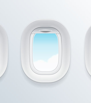 Realistic Detailed 3d Airplane Window with Blue Sky View. Vector