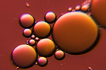 Chocolate colored oil bubbles in a liquid. Beautiful structure of oil and water in macro as abstract background.