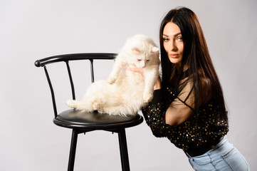 Portrait of a brunette model girl on a white background in studio. Plays with a white cat. Photo taken on a white background with a chair.