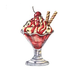 ice cream with strawberry syrup and chocolate illustration 