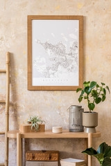 Stylish scandinavian interior of living room with mock up poster frame, wooden console, plants, ladder, decoration, grunge wall and elegant personal accessories in modern home decor.